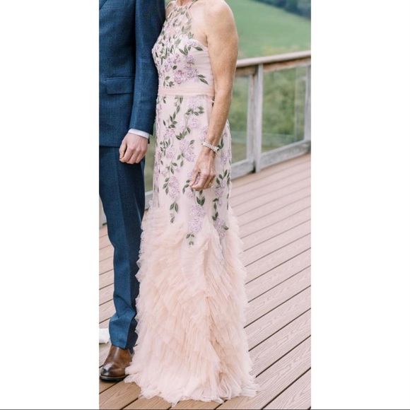 MARCHESA NOTTE
Floral Embroidered Ruffle-Hem Halter Gown - Picture 5 of 11